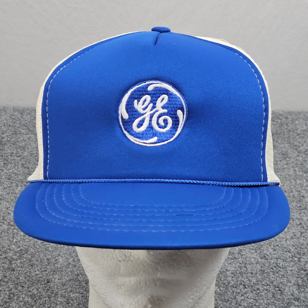 Vintage GE Trucker Hat Blue White Cap Snapback Corporate Logo Cap 80s Made USA
